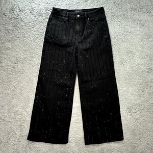 Risen Los Angeles Women's 29 Wide Straight Leg Sequin Stripes Crop Black Jeans